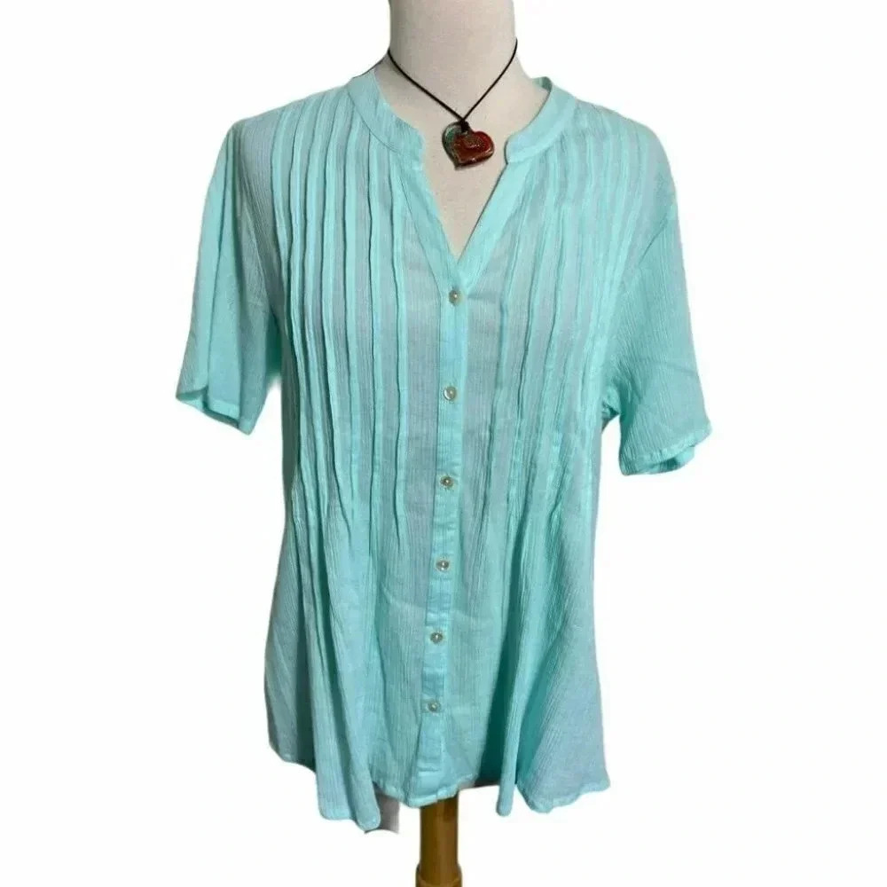 Hasting & Smith Button Up‎ Top Sz M Aqua Blue Pintuck Pleated Cotton Gauze Shirt
